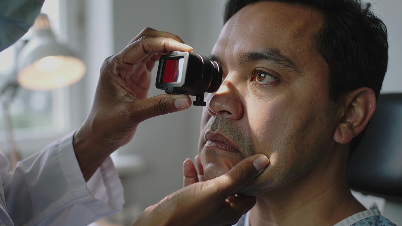 Raising eye scope doctor in white coat steadying patient's chin, scanning right eye for clinic exam
