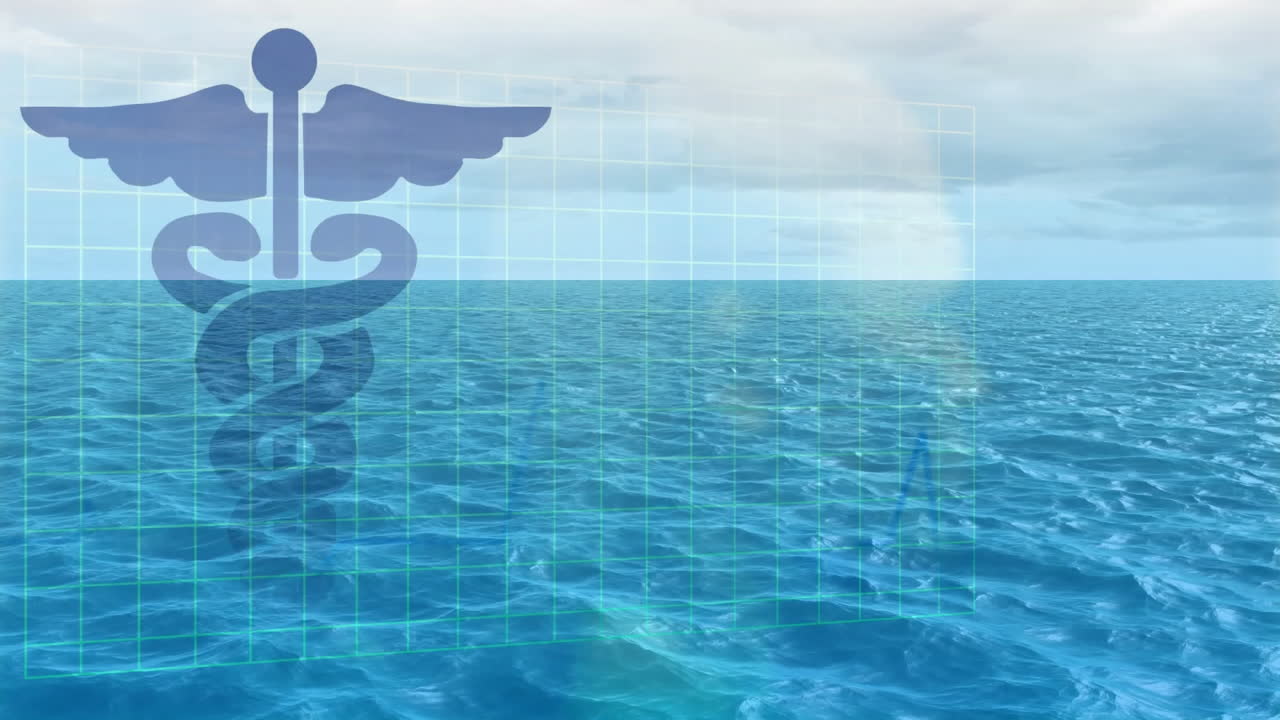 Animation of caduceus symbol and grid pattern over ocean waves under cloudy sky