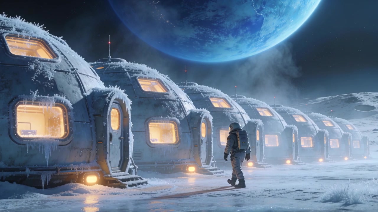 Walking suited astronaut with pack approaching dome on icy plain after seeing lit door, copy space