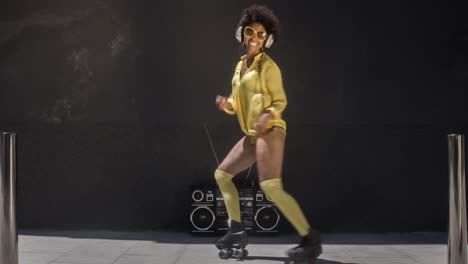 cool roller skating woman dances and skates outside in an urban setting