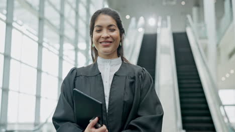 face, happy woman and lawyer with tablet