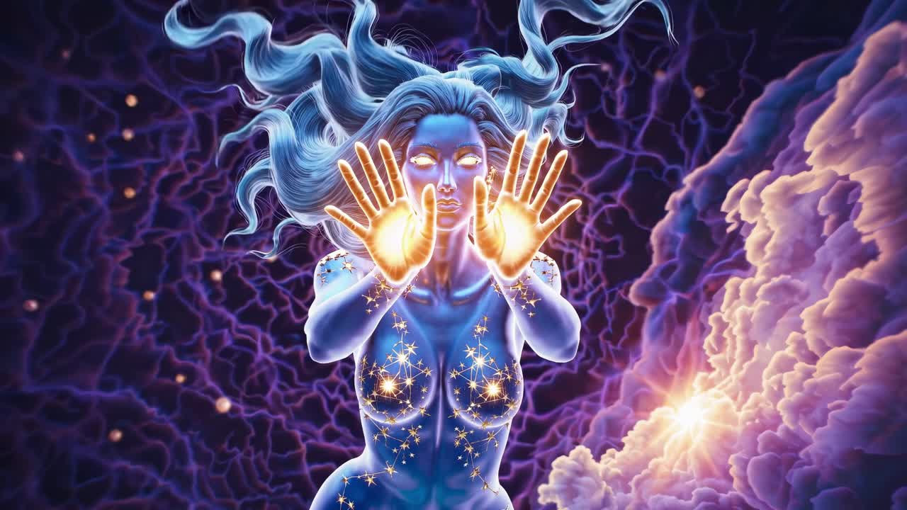 Glowing celestial goddess materializing through swirling cosmic clouds, stellar body radiating luminous energy, embodying transcendent divine feminine power and universal mystique