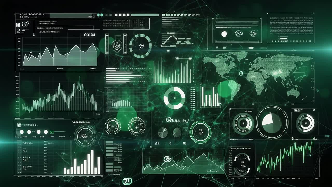 Futuristic Digital Interface with Data Visualizations and World Map