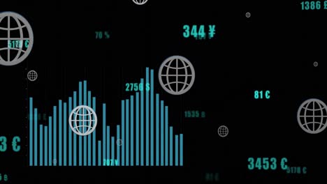 animation of financial data processing over globe icons on black background