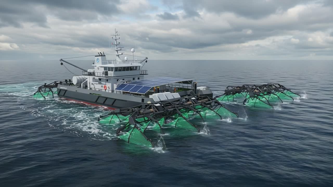 Innovative Marine Vessel Equipped with Advanced Technology for Sustainable Ocean Operations, Showcasing Unique Design and Eco-Friendly Features in Calm Waters