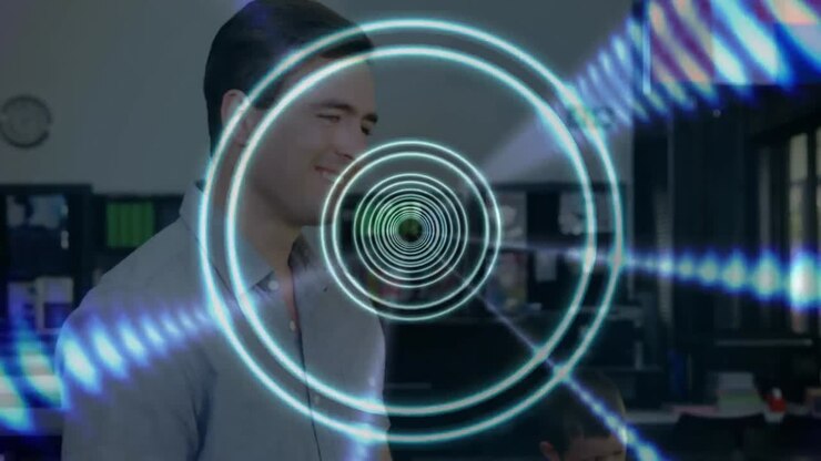 Animation of circles and lights over caucasian male teacher smiling at camera
