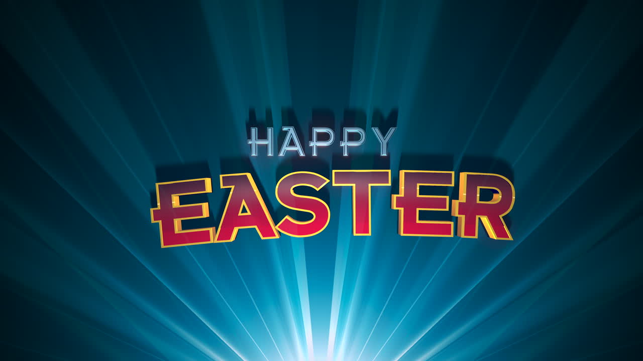 Testo fumetto colorato Buona Pasqua su texture blu con raggi di luce