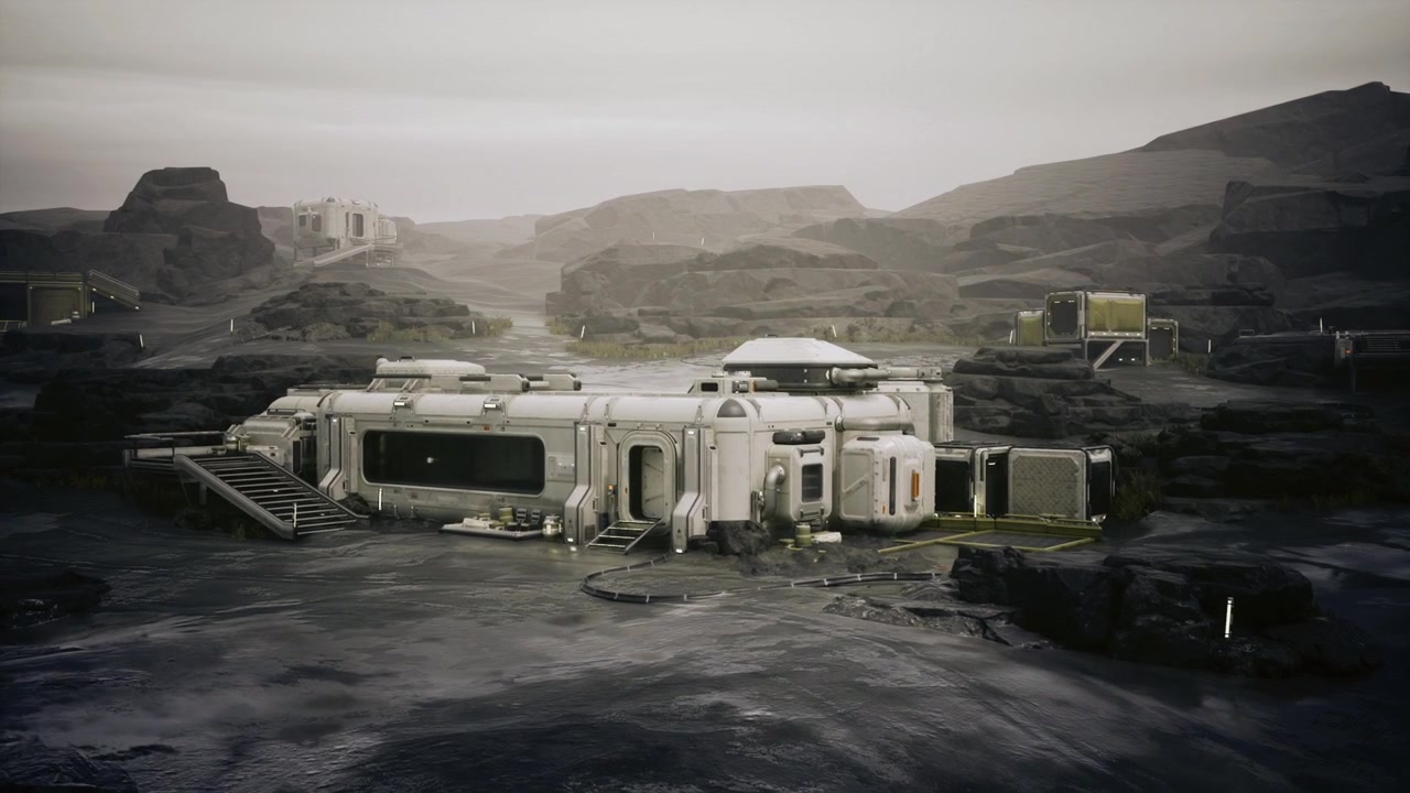 Hightech ecological station featuring greenhouses and atmospheric processors