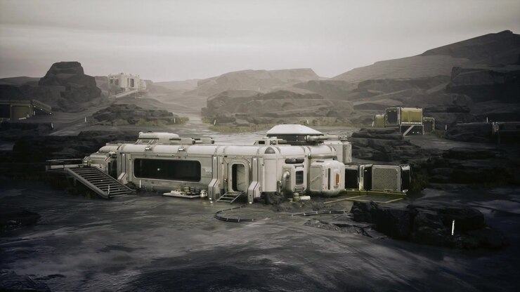Hightech ecological station featuring greenhouses and atmospheric processors