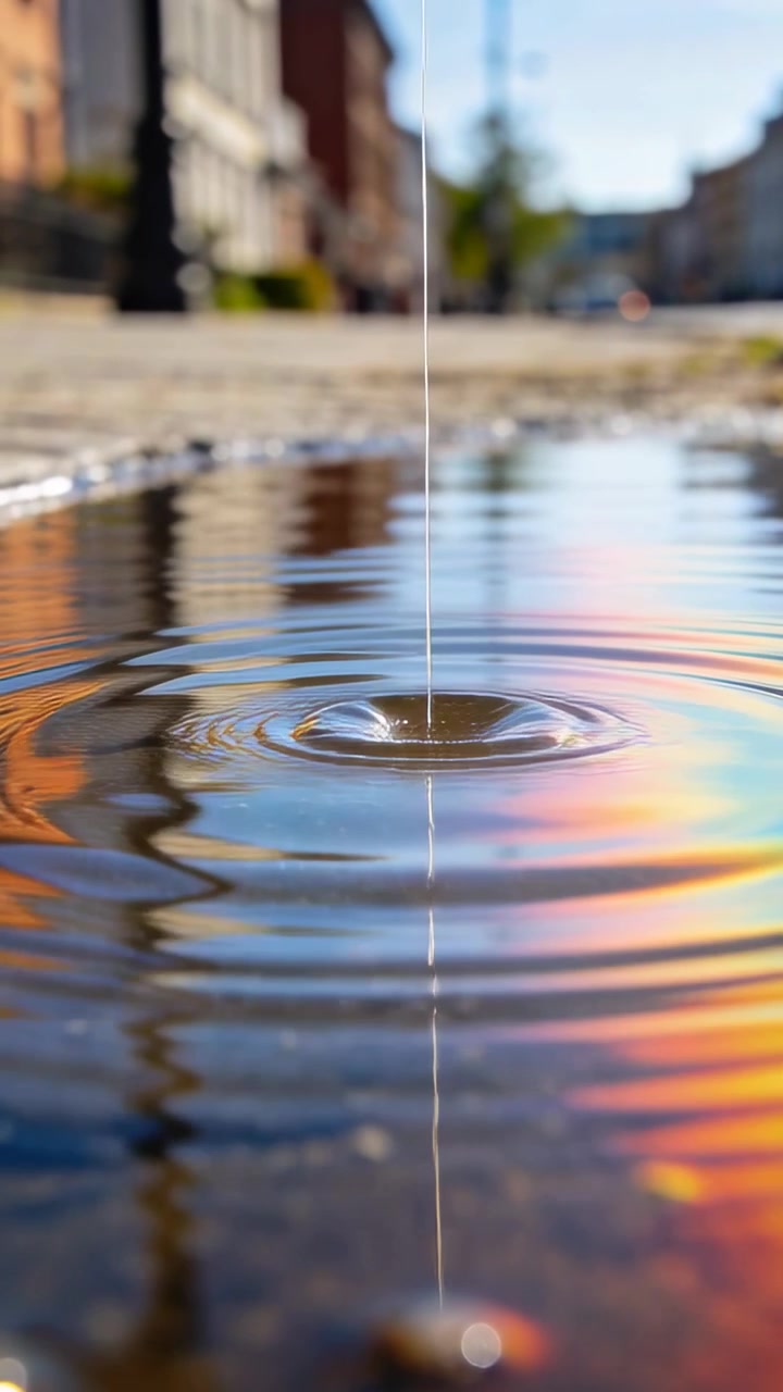 Vertical video: Dripping water drop creating ripples on sidewalk puddle, reflecting rainbow sheen