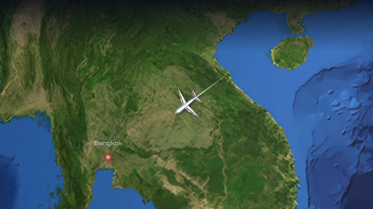 Satellite view animation follows a commercial airplane flying from Tokyo across Asia to Bangkok