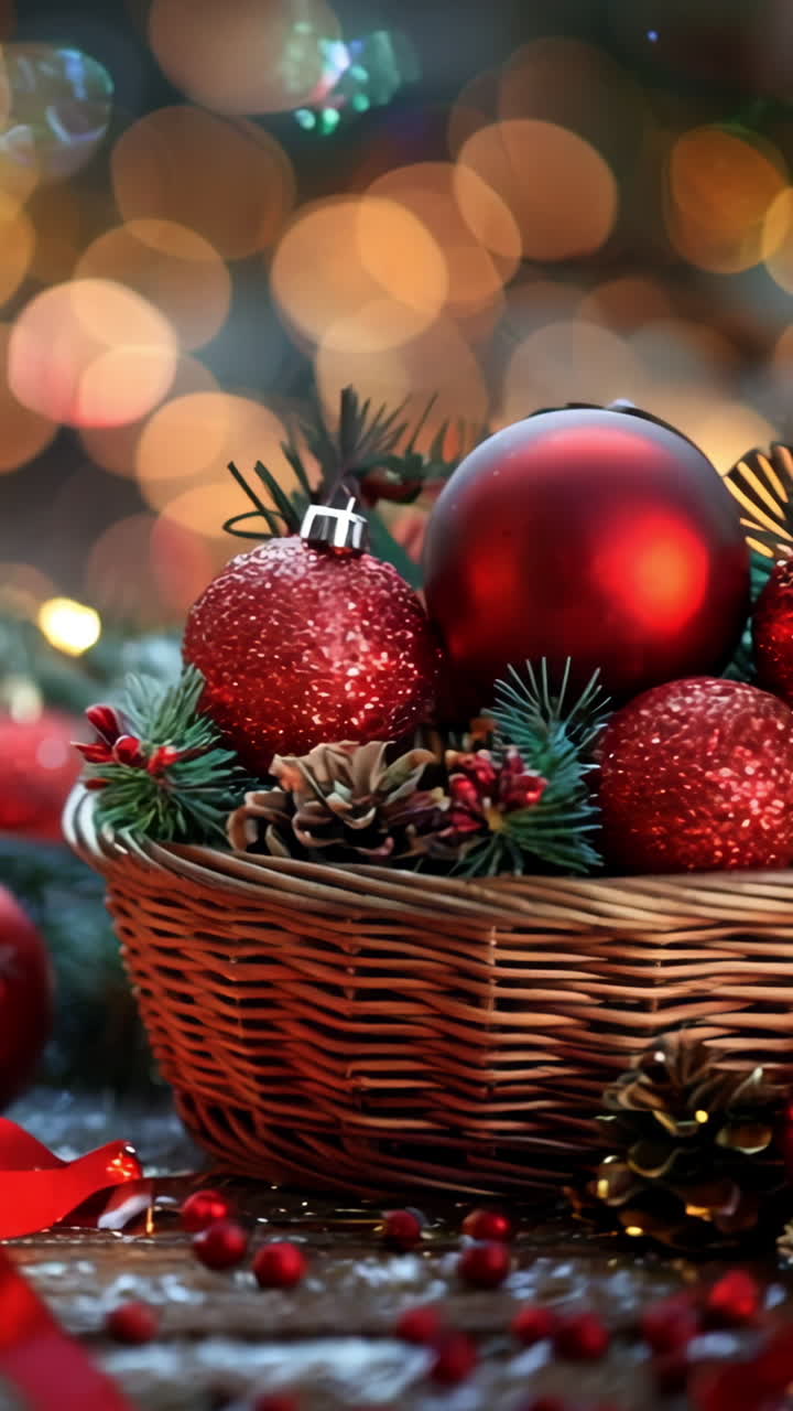 A basket of red Christmas ornaments sits on a table. The basket is filled with red balls, pine cones, and other decorations. The scene is festive and joyful, with the red ornaments