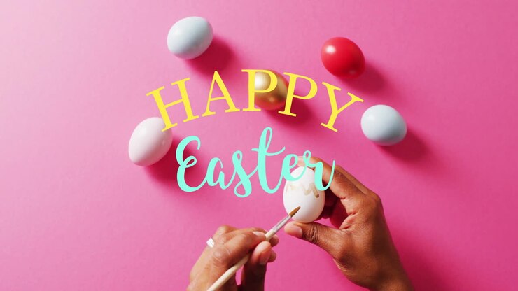 Animation of happy easter text over biracial woman painting colourful easter eggs on pink background