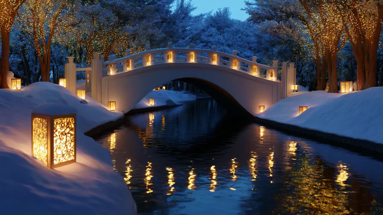 A Tranquil Winter Scene Featuring a Beautifully Illuminated Bridge Reflecting on a Calm River Surrounded by Snow-Blanketed Trees and Lanterns, Evoking a Magical and Serene Atmosphere at Dusk