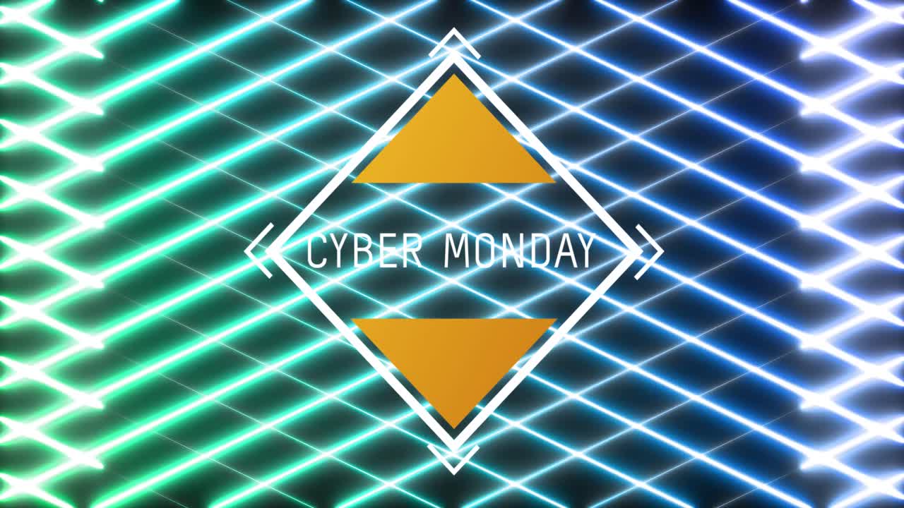 Animation of cyber monday text in diamond shape frame over glowing green to blue mesh