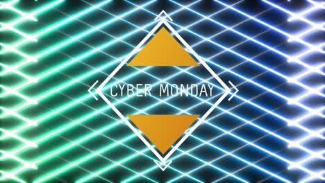 Animation-Des-Cyber-Monday-Textes-In-Rautenförmigem-Rahmen-über-Leuchtend-Grünem-Bis-Blauem-Netz