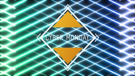 animación del texto de cyber monday en un marco en forma de diamante sobre una malla verde a azul brillante