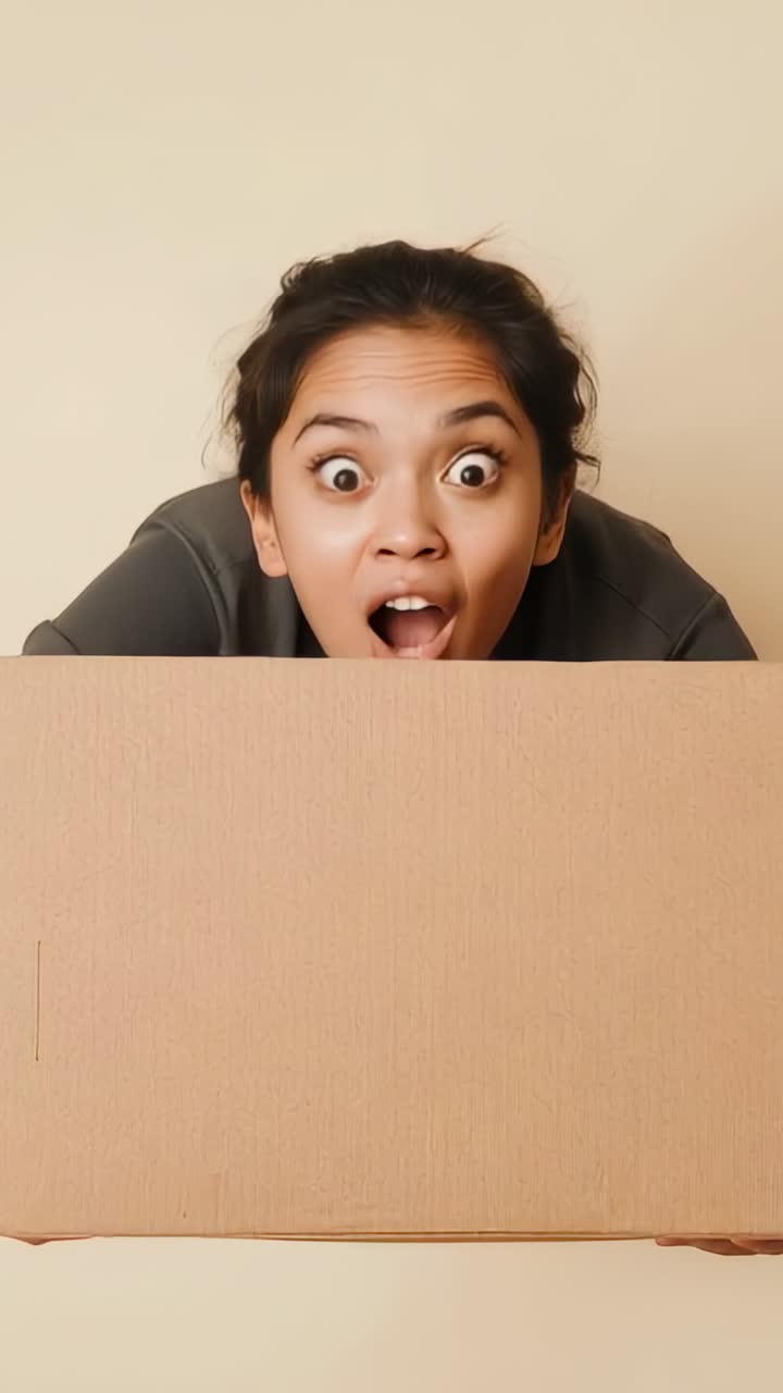 Vertical video: Peeking woman raising head showing face at studio, curiosity with box gray pullover