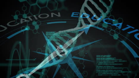 dna strand and education text animation over scientific data and compass