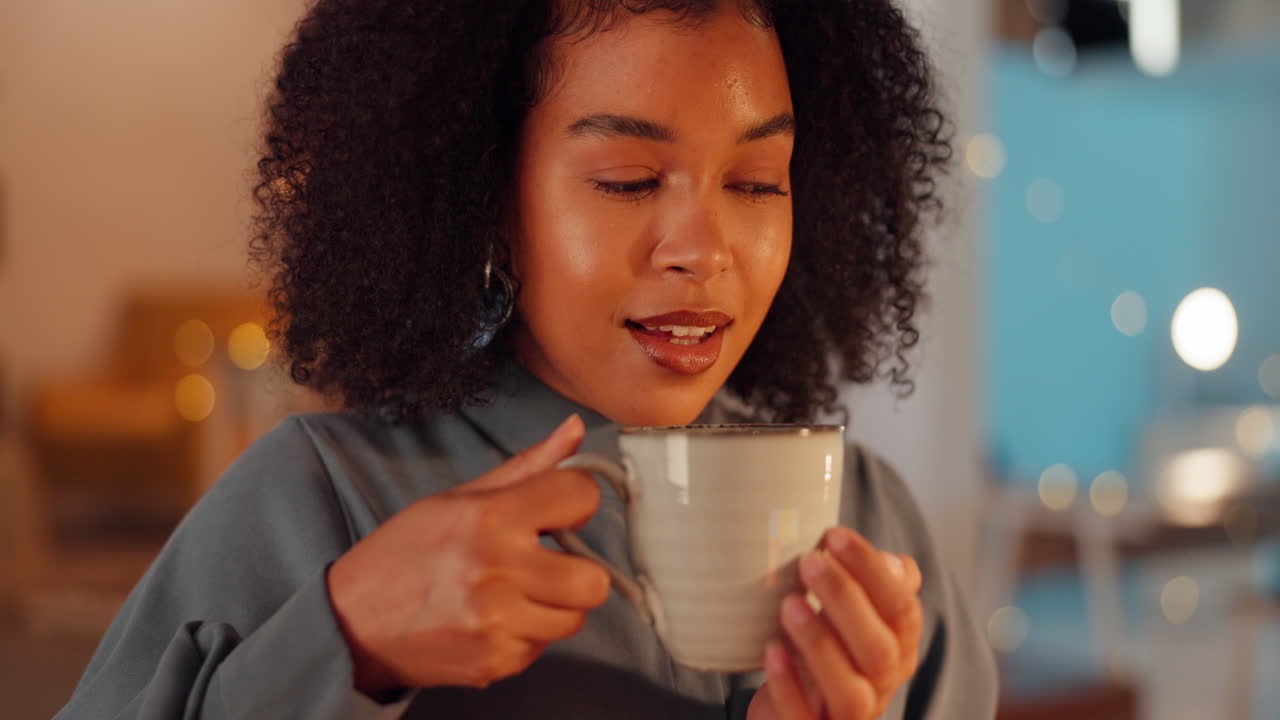 relajarse, noche y mujer con café