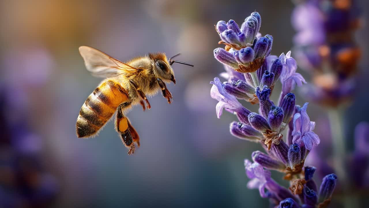 A bee in mid-flight approaches a beautiful lavender flower, showcasing nature's intricate relationship between pollinators and blooming plants, captured in stunning detail