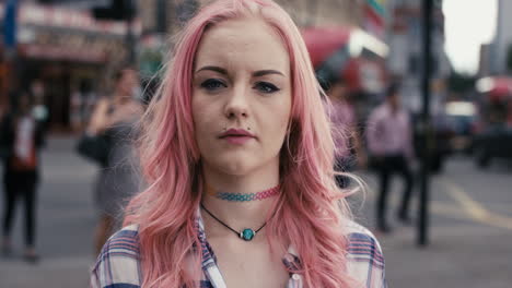 slow motion portrait of caucasian girl with pink hair