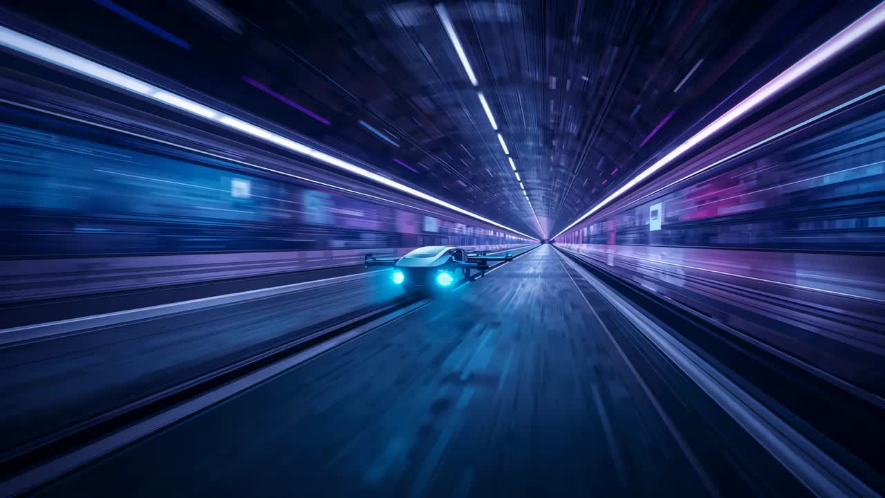 Starting engines, hovercar gliding with cyan lights trailing mist cutting neon tunnel toward camera