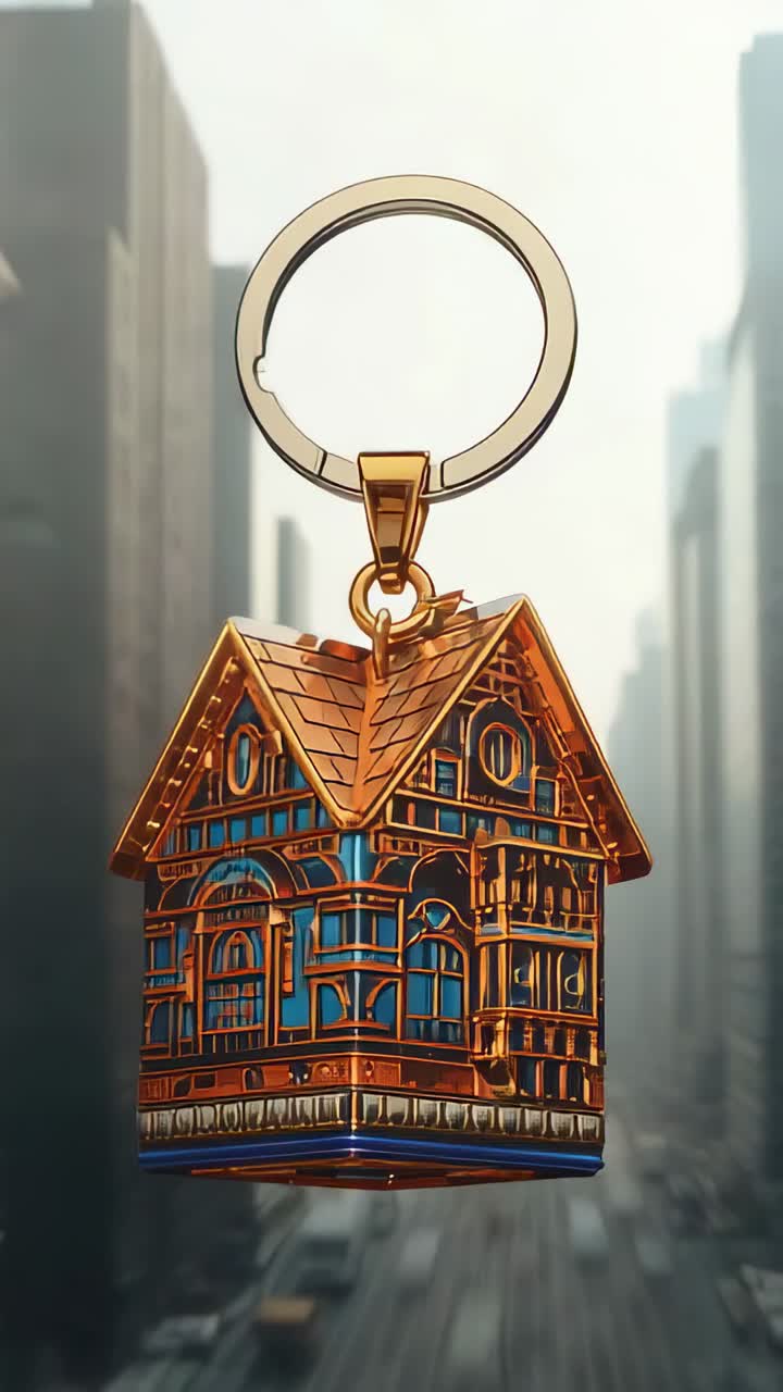 Vertical video: Camera panning showing keychain hanging in street with blurred cityscape scrolling