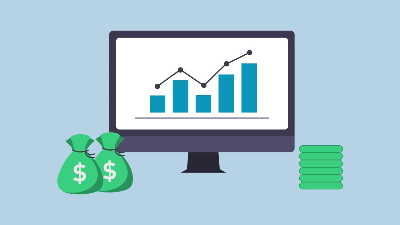 Monitor di computer animato che visualizza grafici di crescita finanziaria e sacchi di denaro