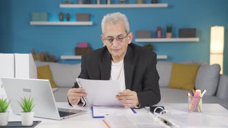 trabajador de oficina en el hogar sonriendo a la cámara mirando el papeleo.