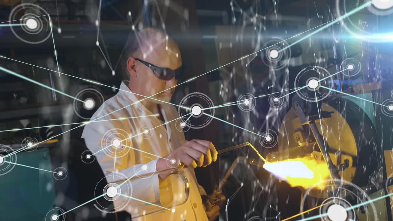 animación de una red de conexiones sobre un científico caucásico que trabaja en un laboratorio