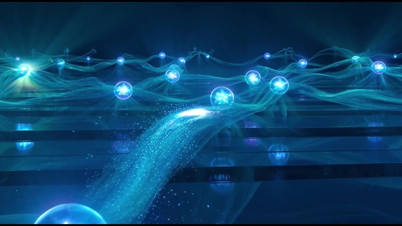 Abstract Digital Network with Glowing Blue Energy Spheres and Data Streams