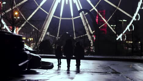 family waking towards ferris wheel, night, winter, new year, dinosaur park, niagara falls, canda