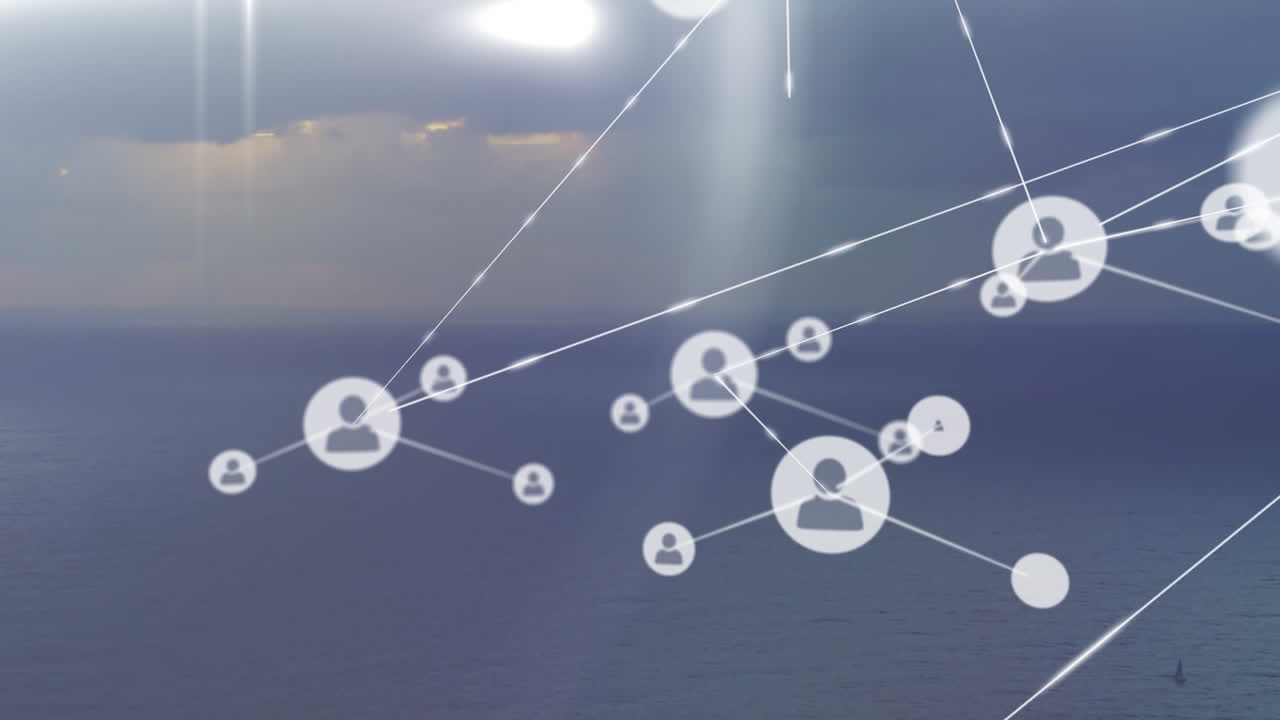 태양과 구름이 가득한 하늘에 대한 바다의 공중 풍경 위에 있는 선으로 연결된 아이콘의 애니메이션