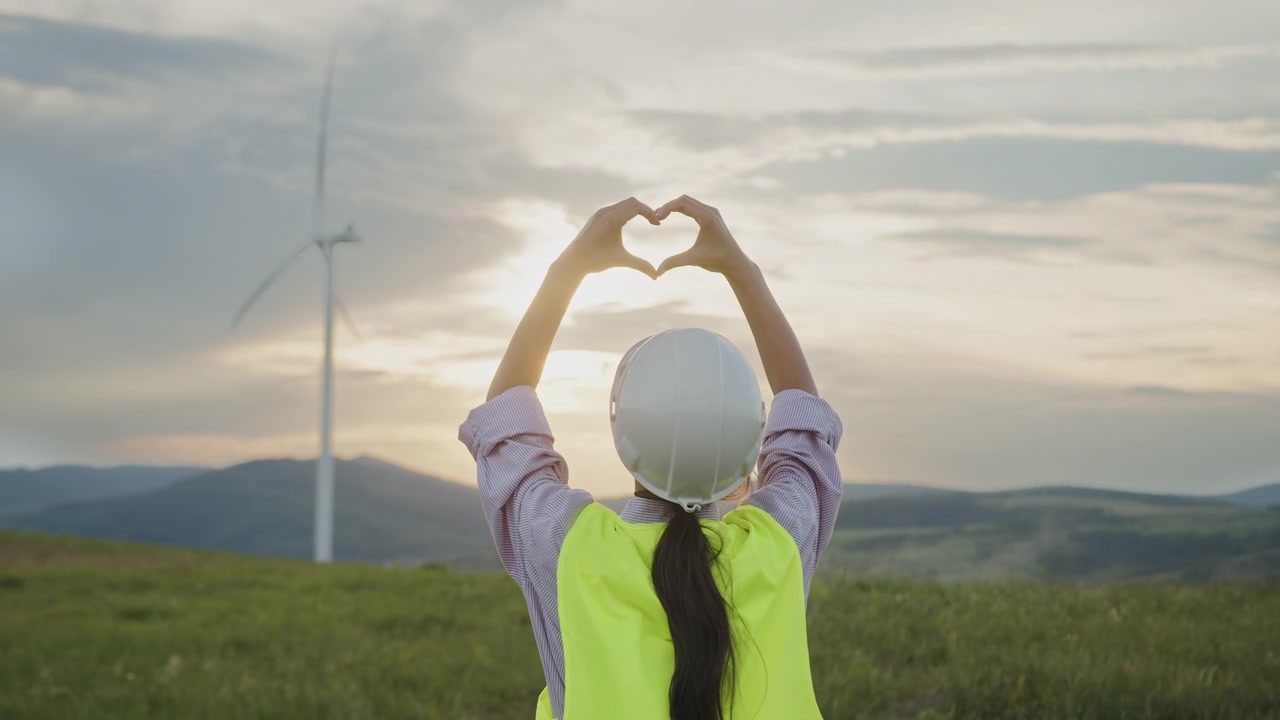 Ingeniør inden for vedvarende energi danner hjerteform med hænderne mod en solnedgangsbaggrund med en vindmølle