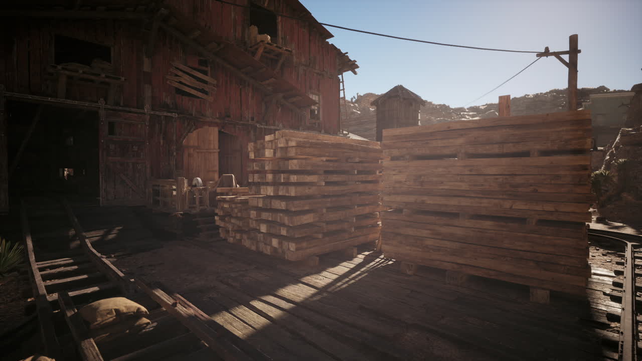 나무판으로 된 오래된 버려진 광산 마을