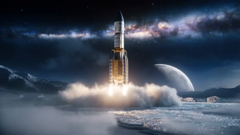 rocket launch from an icy alien planet under the milky way