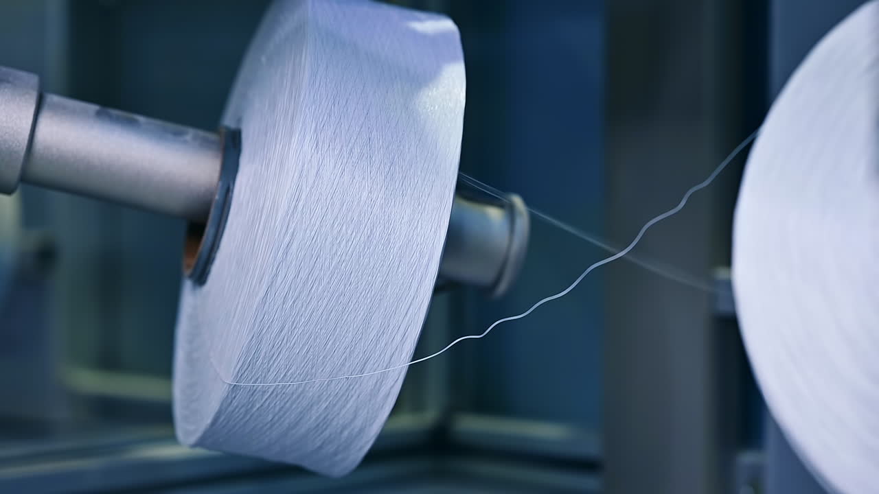 Two big reels of white yarn at the diaper manufacture. Unwinding a bobbin of white thread. Close up.