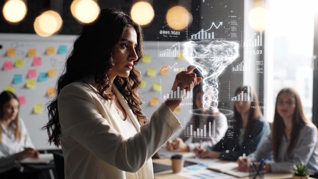 A Professional Woman in a Meeting Room Seeking Insight as Data Analytics Visualizations Emerge, Reflecting Focus and Team Collaboration in a Modern Workplace