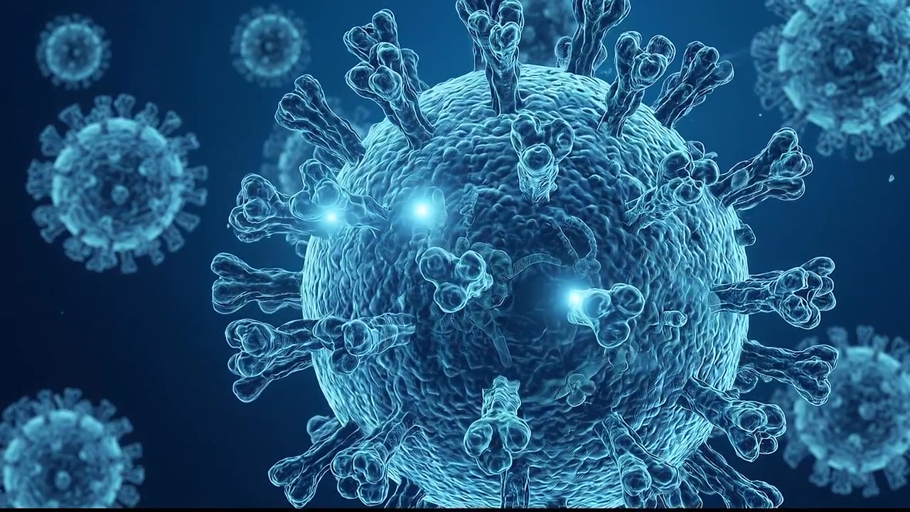 3D Animation of Coronavirus Cells Floating in Blue Background