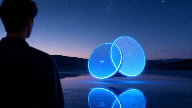Standing man in dark coat watching two overlapping blue rings glowing on water with dusk deepening
