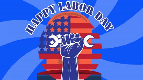 animation of happy labor day text over american flag and lights