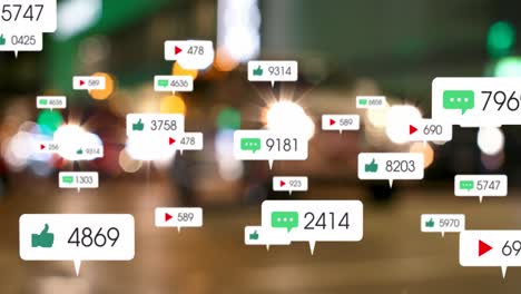 밤에 거리를 가로지르는 사람들의 흐릿한 시야에 대해 떠다니는 소셜 미디어 아이콘의 애니메이션