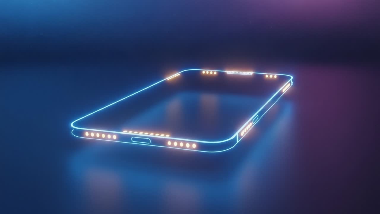 Smartphone futuristico blu neon che mostra un design elegante e un'estetica moderna su uno sfondo stellato in un ambiente high-tech