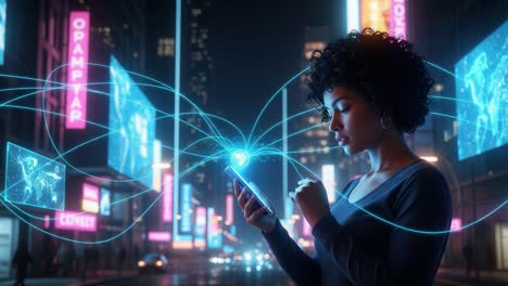 a young woman engaged with digital connectivity amidst a vibrant urban nightscape, utilizing a smartphone to explore innovative technologies and virtual connections