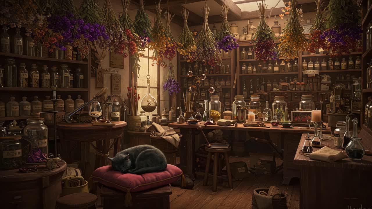 A Cozy Potion Shop Filled with Herbs, Jars, and a Sleeping Cat, Captured in Two Frames, Showcasing the Charm of a Magical Apothecary Environment