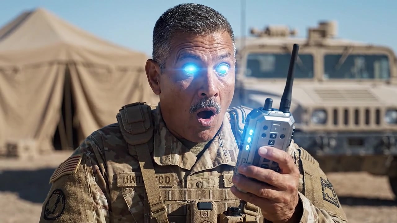 Un soldato comunica tramite apparecchiature radio mentre è di stanza in un campo militare, mostrando leadership e cameratismo in un ambiente desertico con veicoli tattici
