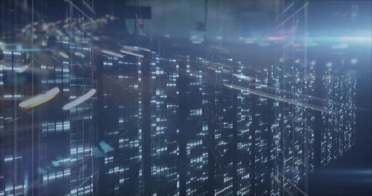 Animation of moving columns over cityscape