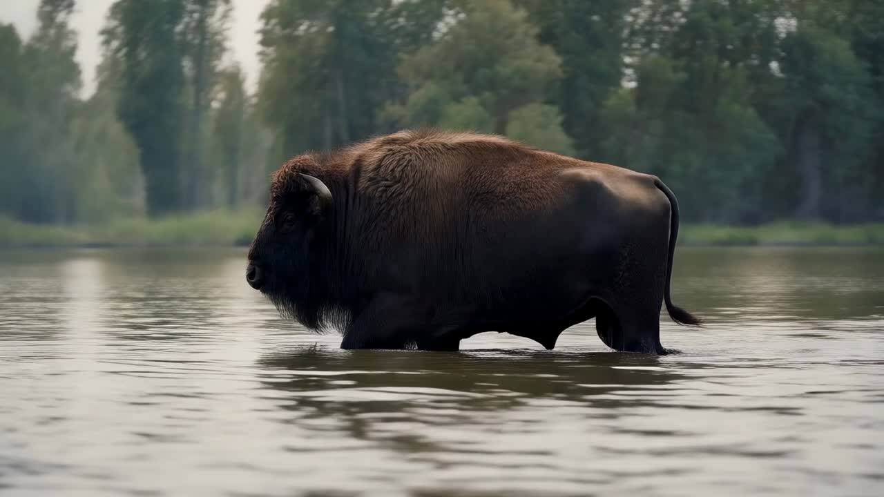Bisonte americano adulto che cammina verso la fotocamera in acque lacustri poco profonde con increspature, foschia e linea di alberi