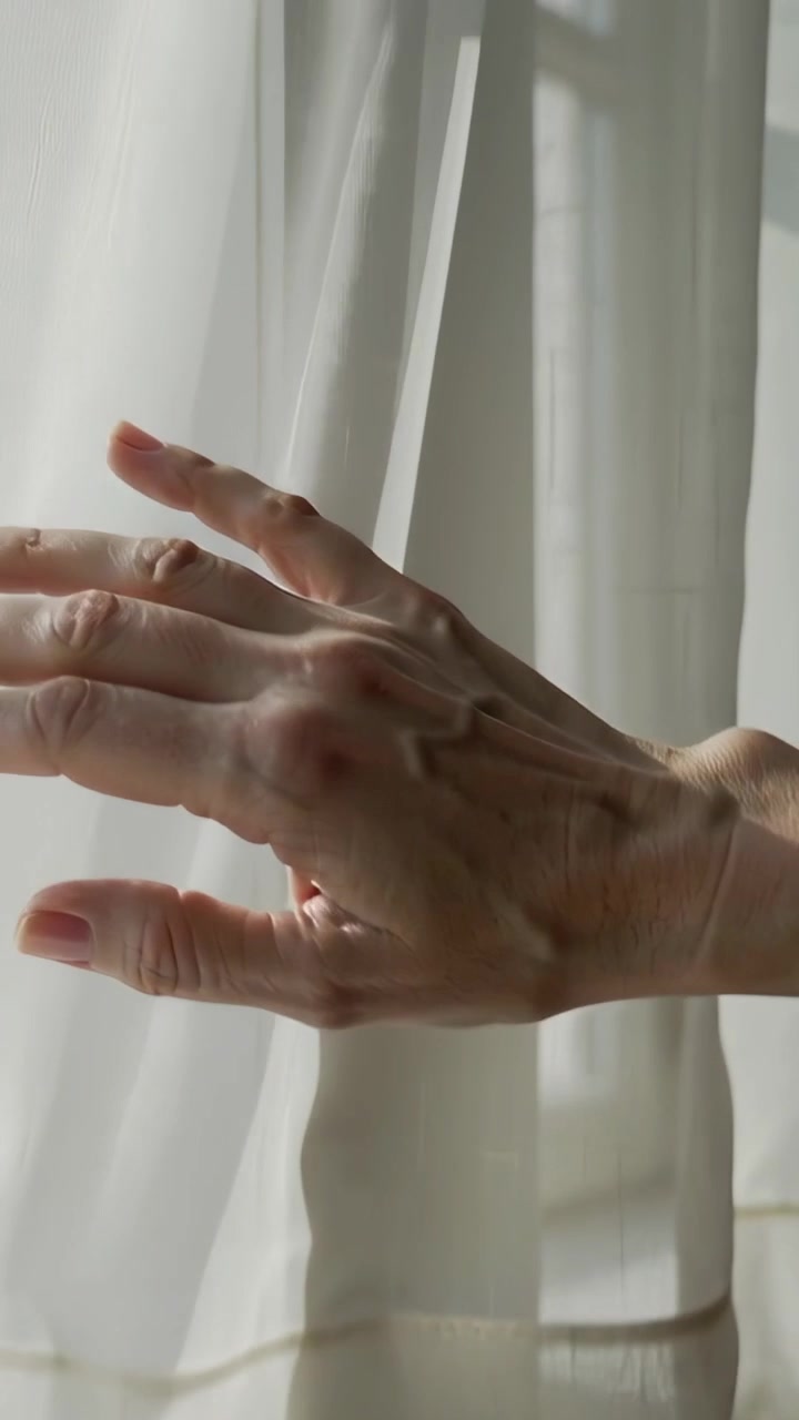 Vertical video: Reaching veined hand gliding along sheer curtain at home, revealing window muntins